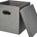 Amazon Basics Foldable Burlap Cloth Cube Storage Bin with Lid, Stackable and Sturdy, Gray, Set of 2