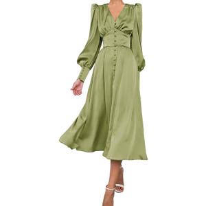 xxxiticat Women's Puff Sleeve Satin Maxi Dress Long Lantern Sleeve Button Down Ruffle Single Breasted Vintage Midi Dresses (Light Green) M