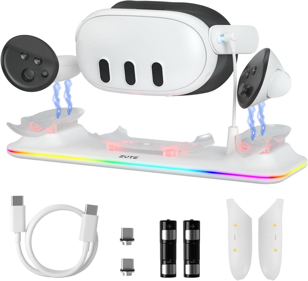 Charging Dock for Oculus/Meta Quest 3 - Magnetic Docking Station with LED Light - Charging Stationo Display with 2 * 1800Mah Rechargeable Batteries - VR Charging Stand Support Elite Strap