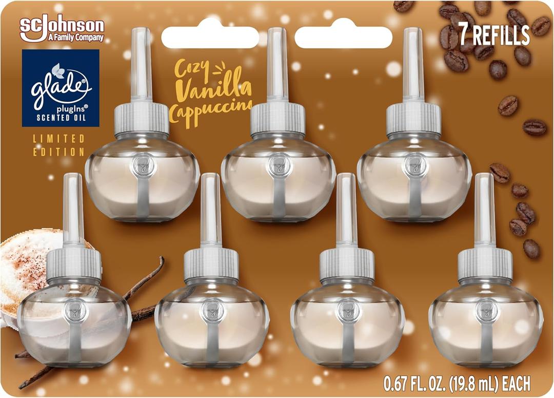 Glade PlugIns Refills Air Freshener, Scented and Essential Oils for Home and Bathroom, Cozy Vanilla Cappuccino, 4.69 Fl Oz, 7 Count