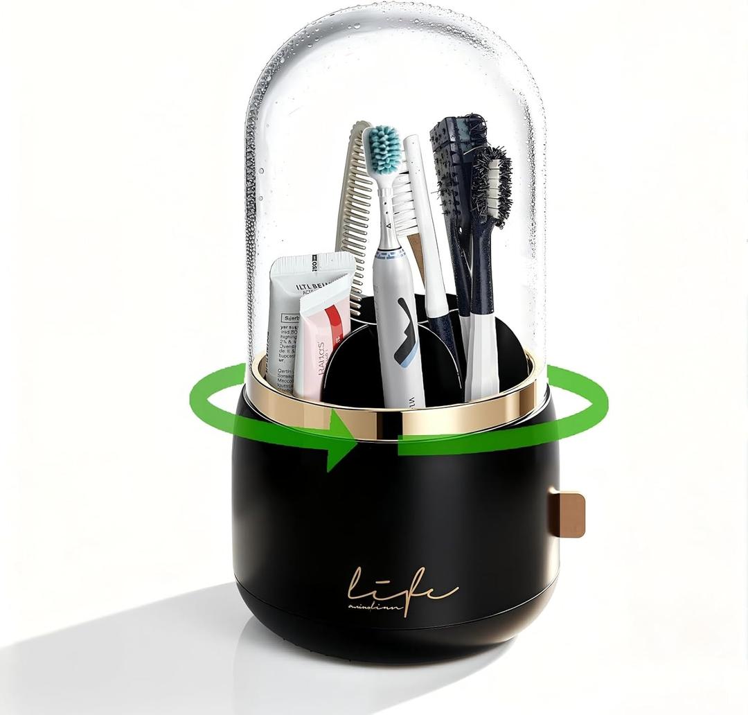 360 Rotating Toothbrush Holder for Bathroom, 7-Slot with Cover & Drainage for Electric Toothbrushes, Toothpaste, Razors - Stand Storage for Vanity, Bathroom Accessories, Countertop Organize (Black)