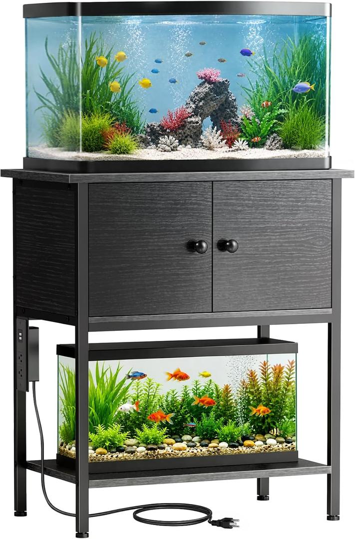 10-30 Gallon Fish Tank Stand with Power Outlets, Metal Frame Aquarium Stand with Cabinet Storage, Reptile Turtle Tank Stand for Home Office up to 400 LBS, 27.6" L x 15.7" W x 32.3" H, Black