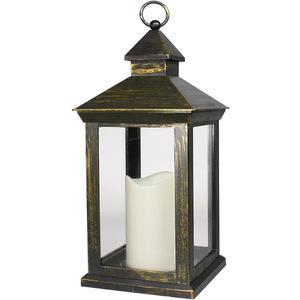 Bright Zeal 14" Tall Vintage Decorative Lantern with LED Pillar Candle (Distressed Gold) - Outdoor Lights Decorative Hanging - Battery Lantern with Timer - Vintage Candle Light
