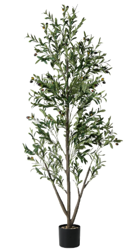 Olive Trees Artificial Indoor, 6FT Tall Faux Olive Tree with Lights Moss and Planter, Artificial Plants Indoor with Natural Wood Trunk and Lifelike Fruits, Fake Tree for Home Office Living Room Decor
