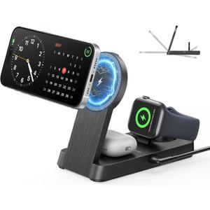 3 in 1 Magnetic Wireless for iPhone Charging Station: Foldable Portable Charger for iPhone 16-12 Pro Max & Apple Watch & AirPods, for Apple Multiple Devices Charger for Home,Office&Travel, Black 