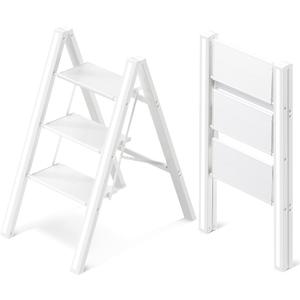 GameGem 3 Step Ladder, Aluminum Folding Step Stool with Anti-Slip Sturdy and Wide Pedal, Lightweight Portable Stepladder for Home and Kitchen Use Space Saving, Cream White, 330 lbs
