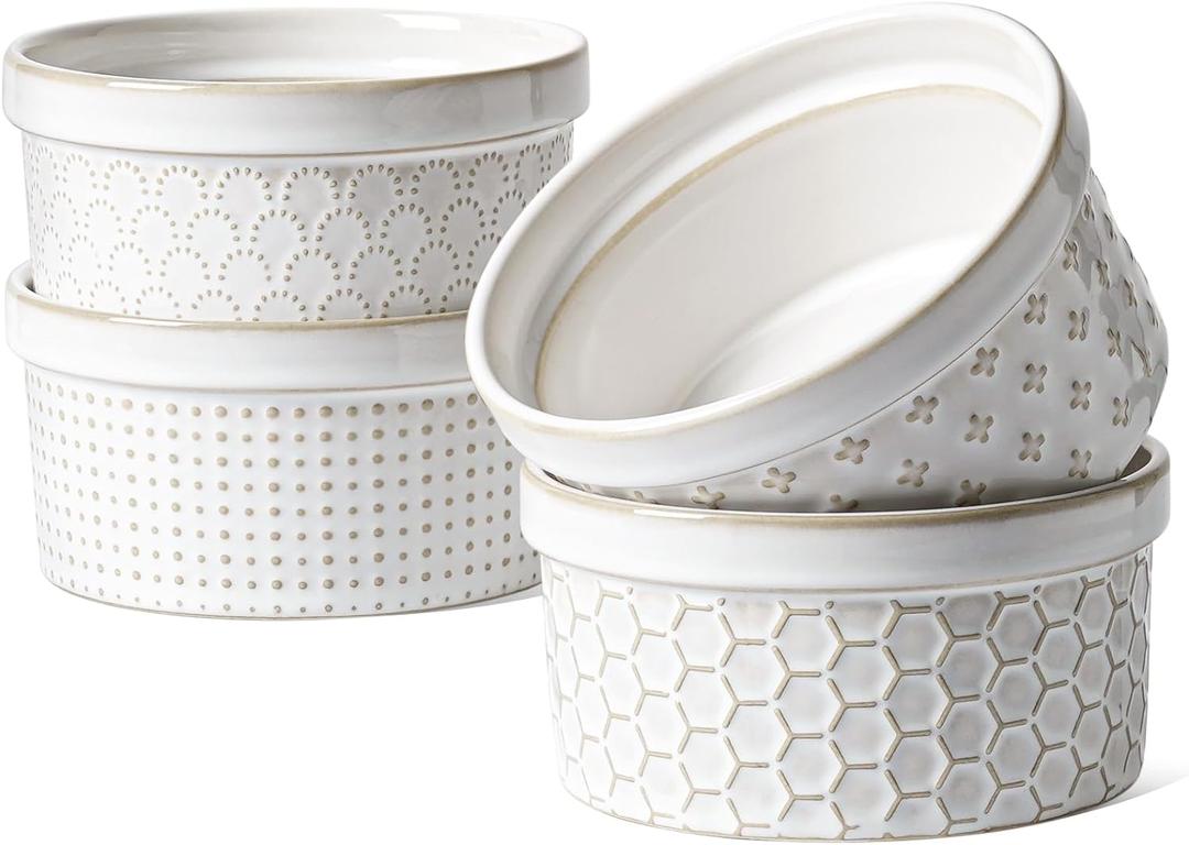 LE TAUCI Ramekins 12 oz, Ramiken for Creme Brulee, Souffle, Dipping Sauce, Ceramic Embossment Housewaming Present -4.8 inch, Set of 4, Arctic White