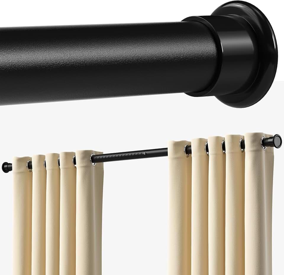 Tension Curtain Rod 64-120 Inches, Heavy Duty Tension Rod for Windows, No Drilling Adjustable Curtain Rod for Patio, Renter Friendly Pressure Curtain Rods for Room Divider, Outdoor, Black