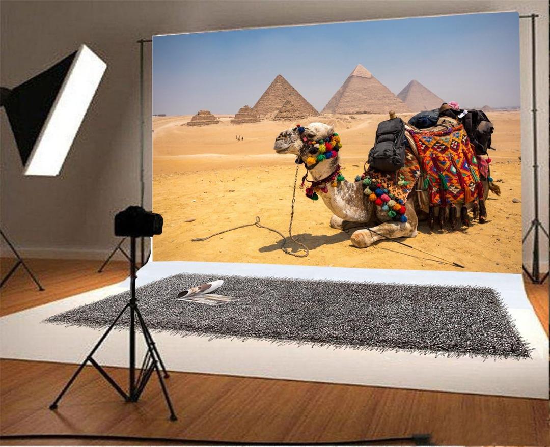 Laeacco 7x5FT Egyptian Pyramids Backdrop Egypt Desert Photography Background Egyptian Anicent Architecture Camel with Luggage Nature Scenery Wallpaper Kids Adults Portrait Photo Studio Shooting Props