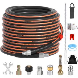 50FT Sewer Jetter Kit for Pressure Washer, 1/4" NPT Corner Drain Cleaner Hose 5800 PSI with Sewer Jetting Nozzles, Pearl Corsage Pin, Waterproof Tape, Extension Cord Organizer&2 Spanner