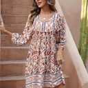 Qearal Women's Casual V Neck 3/4 Sleeve Boho Floral Printed Loose Short Flowy Summer Beach Vacation Dress (Large, Coffee White)