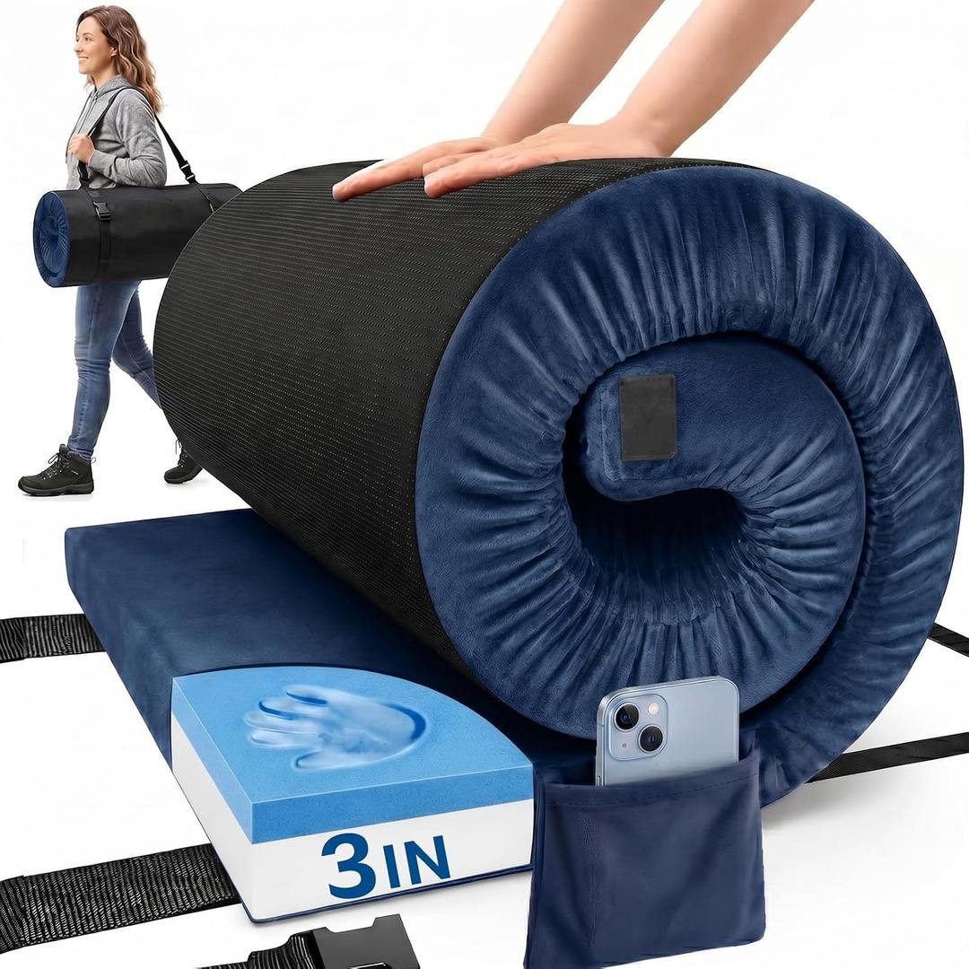 Camping Mattress Pad, 3 Inch Memory Foam Camping Mattress with Non-Slip Bottom & Washable Cover, Portable Roll Up Floor Camping Mat, Camping Sleeping Pad for Adults, Car Bed with Travel Bag