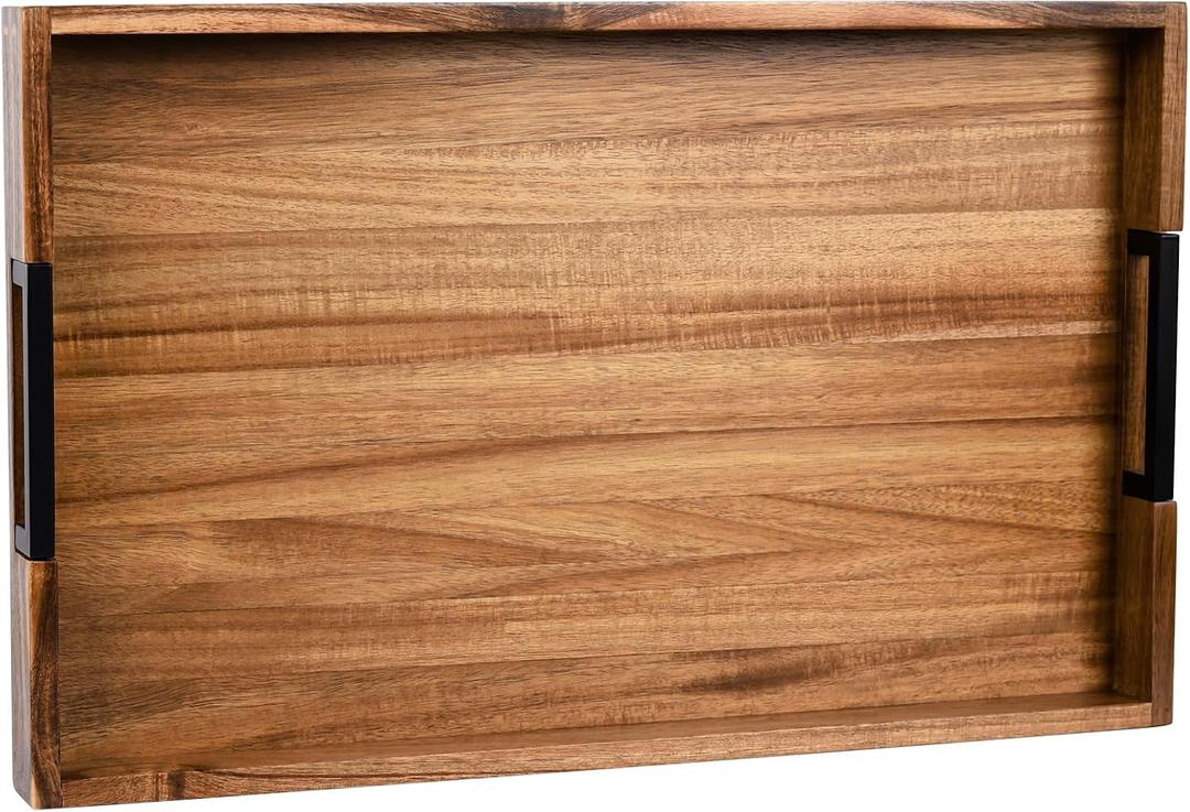Joy&Grace Large Ottoman Tray for Living Room and Coffee Table, Decorative Acacia Wood Serving Tray with Metal Handles for Breakfast in Bed, Dinner Food Kitchen TV (Natural, 24" x 15" x 2")