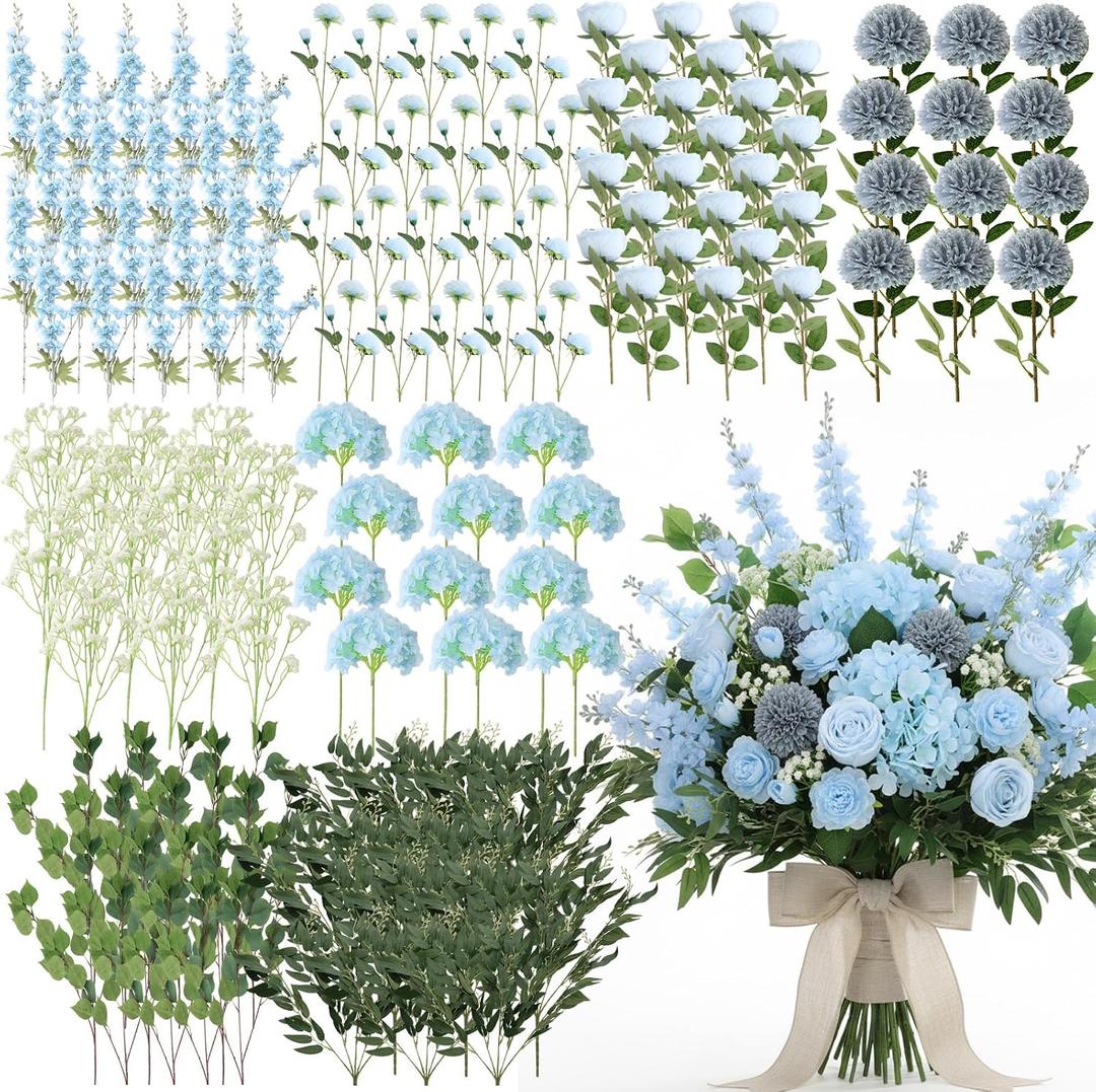 144 Pcs Blue Artificial Flowers Bouquet Set 8 Kind with Long Stem