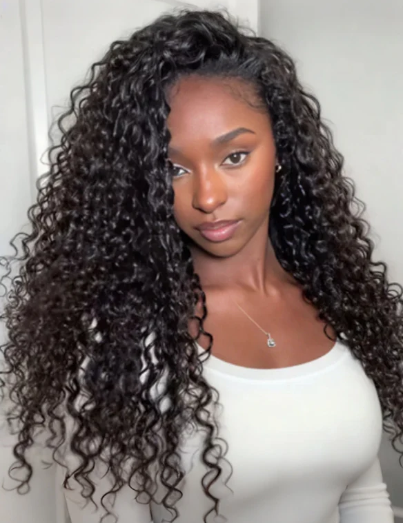 NZINZI Water Wave Half Wig Human Hair 3 In 1 Seamless Flip Over Half Wigs for Black Women Ready to Go Headband Wig 180% Density Drawstring Curly Half Wig Glueless Natural Black 24 Inch