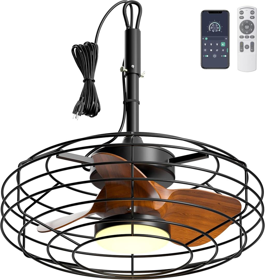Plug and Play Outdoor Ceiling Fans with Lights, 20'' Wet Rated Gazebo Fan Remote/APP Control, Dimmable Hanging Fan for Patio Pergola, Wood Color