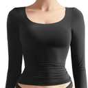 SUUKSESS Women Double Lined Fitted Basic T Shirts Scoop Neck Long Sleeve Crop Top (Medium, Black)