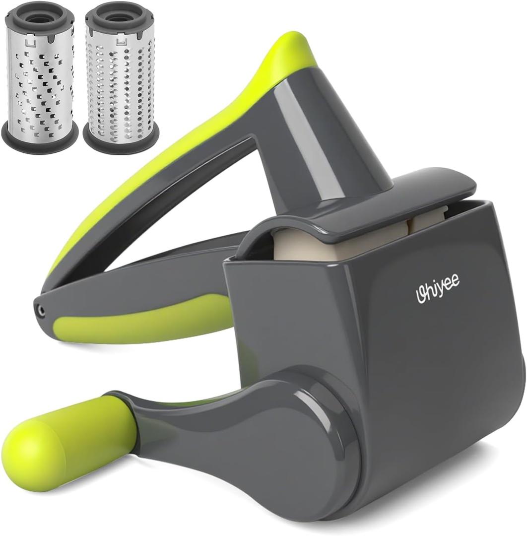 UHIYEE Patented Rotary Parmesan Cheese Grater, Hand Crank Cheese Shredder with Fine & Coarse Drums, Restaurant Quality, White, Stainless Steel & ABS, Dishwasher Safe, Gray Green