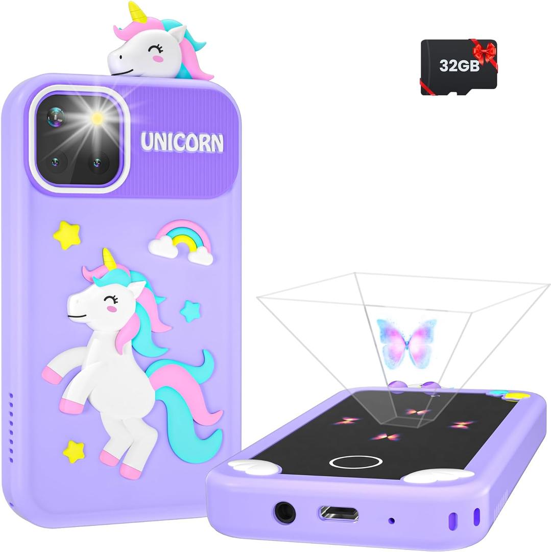 Kids Smart Phone for Girls with Holographic Pyramid, Christmas Birthday Gifts for Age 3-10 Kids Toys Cell Phone, 2.8" Touchscreen Toddler Learning Play Toy, Dual Camera, Music Player, 32G Card, (Purple)