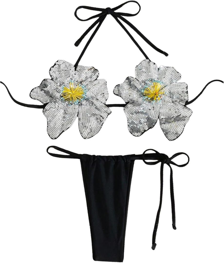 MakeMeChic Women's 3D Flower Bikini Set Sequin Glitter Halter Tie Side Bathing Suit Swimsuit (Medium, Black)