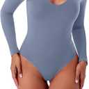 REORIA Womens Sexy Long Sleeve Bodysuit V Neck Lightweight Double Lined Basic Tops Trendy Layering Leotards Fall Going Out Body Suit Shirts 2024 Blue
