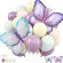 Pastel Purple Green Balloons with Butterfly Foil Balloons, Lavender Macaron Orange Yellow Fairy Balloons for Girl Garden Party Princess Theme Birthday Baby Shower Wedding Decorations