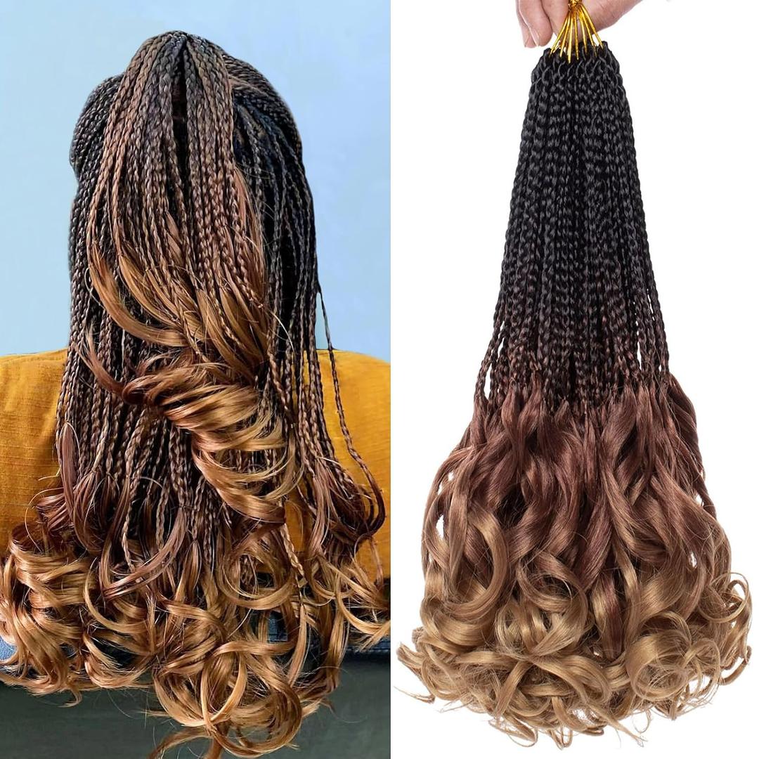 COOKOO 14 Inch French Curl Crochet Braids 9 Packs 135 Strands Goddess Box Braids Crochet Hair for Women Pre Looped Box Braids with Curly Ends Synthetic French Curl Braiding Hair Extensions 1B/30/27#