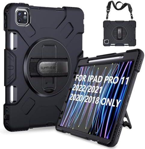 SUPFIVES 2022 iPad Pro 11 inch Case (4th Generation),Upgraded Military Grade Shockproof Silicone iPad Pro 11 4th/3rd/2nd Gen Cover Pencil Holder+ Handle+ Shoulder Strap+ Rotating Kickstand, Black