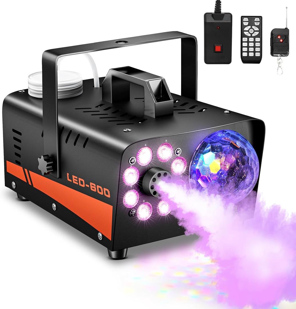 Fog Machine, Smoke Machine with Disco Ball Lights, 600W and 4000CFM with 13-Color LED Effects, Wired And Wireless Remote Controls, Ideal for Indoor, Outdoor, Halloween, Wedding, and Parties (Black A1)