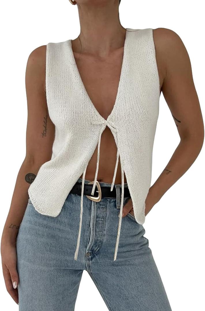 Women Crochet Knit Vest Top Y2k V Neck Sleeveless Vintage Hollow Out Crop Tops Summer Casual Streetwear (White, M)