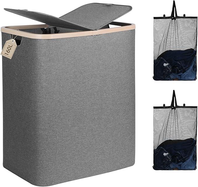 DOKEHOM 160L Double Laundry Basket with Removable Lid and Laundry Bags, Large Collapsible Laundry Hamper with 2 Sections (Grey)