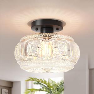 Semi Flush Mount Ceiling Light, Globe Glass Ceiling Light Fixture, Black Modern Lighting for Hallway Porch Corridor Kitchen Bedroom, Bulb Not Included (9.38 inch)