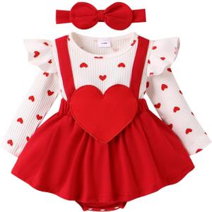Valentine Baby Girl Outfit Heart Print Ribbed Long Sleeve Newborn Valentines day Romper Dress Headband Set (0-3 Months, White)