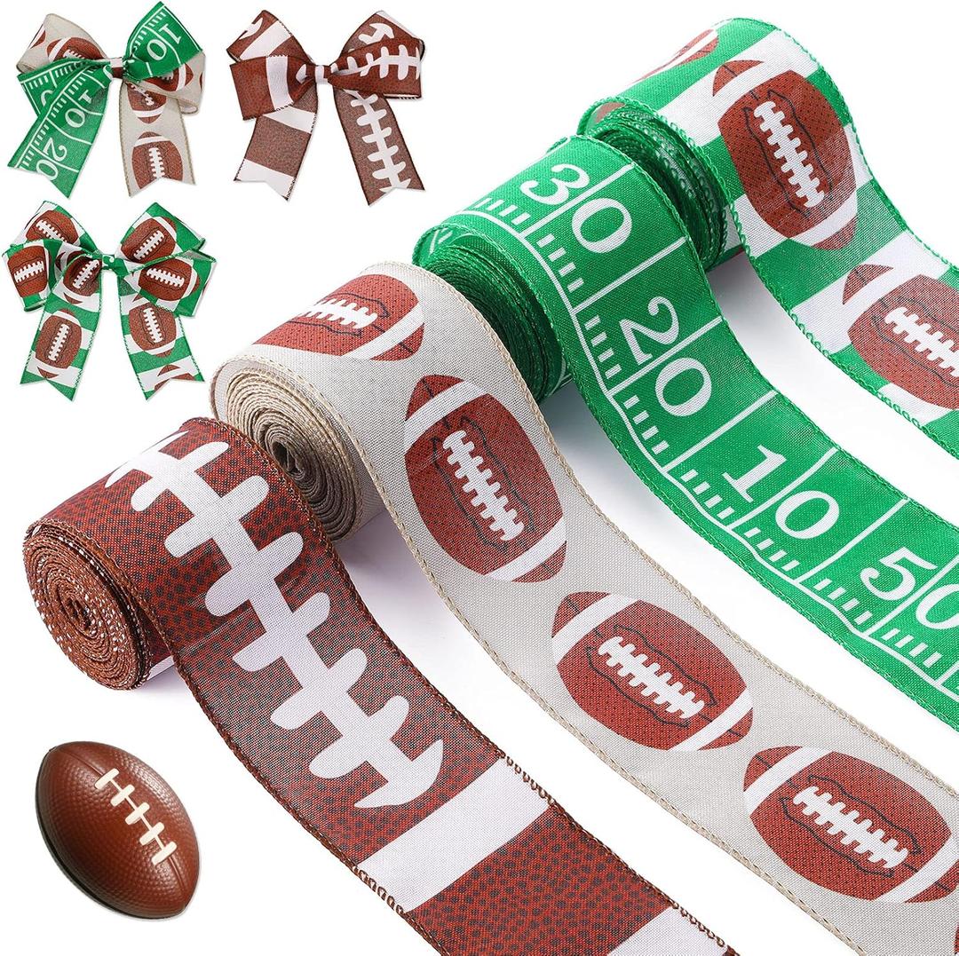 28 Yard 4 Rolls 2.5 Inch Football Wired Edge Ribbon Sport Ball Wired Edge Homecoming Ribbon Fabric Burlap Natural Wrapping Decor for Present Wrapping Gift DIY Craft