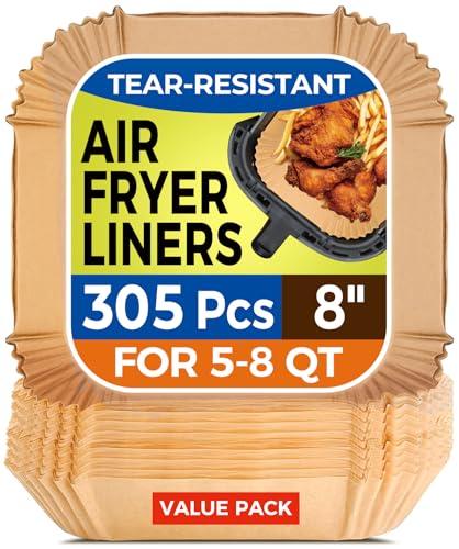 Vailnd Air Fryer Liners Disposable, 305 PCS Unbleached Air Fryer Paper Liners, 8" Square Airfryer Liners for 5-8 QT Airfryer Basket, Non-stick & Oil-Proof Parchment Paper for Oven, Pan