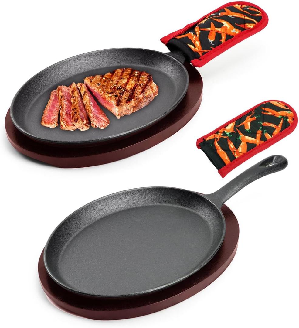 DVK Sizzling Plate with Wooden Base Fajita Skillet with Scald Protection Hot Mitt Cast Iron Plate for Home Barbeque Kitchen Service (2PCS)