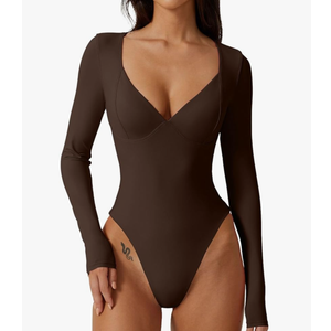 QINSEN Women's Long Sleeve Bodysuit V Neck Body Suits Seamed Cup Going Out Tops Shirt M