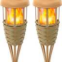 Flickering Flames Solar Powered Lights - Upgraded Solar Torches Waterproof Outdoor Decorative Lighting Auto On/Off, Handmade Bamboo Finish, 2-Pack