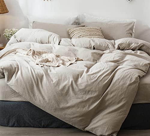 MooMee Bedding Duvet Cover Set 100% Washed Cotton Linen Like Textured Breathable Durable Soft Comfy (Heathered Tannish Linen Grey, Twin 68"x90")