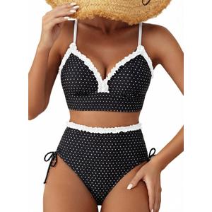 Herseas Women's Splice Ruffle Trim Bikini Sets Tie Side Swimsuits High Waisted Bathing Suits, size S