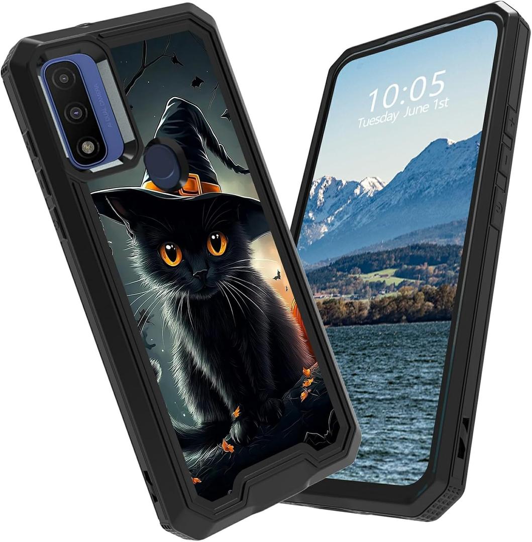 for Moto G Play 2023/G Pure/G Power 2022 Case for Motorola G Play 2023/G Pure/G Power 2022 Phone Case Dual Layer Heavy Duty Shockproof Rugged Protective Phone Case,Black Cat with Witchs Hat