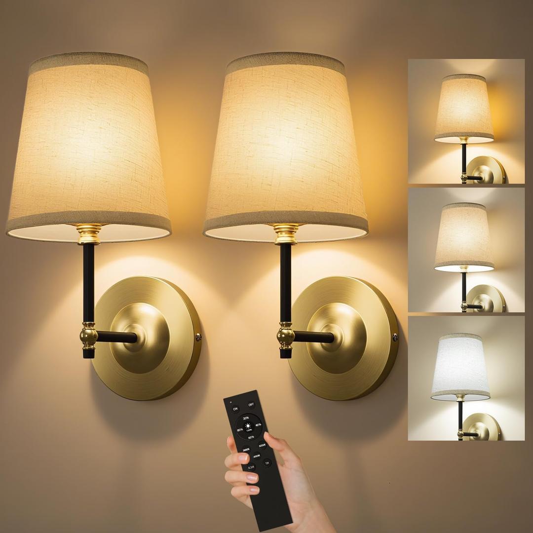 FUNTAPHANTA Battery Operated Wall Sconce Set of Two for Bedroom & Mirror Lighting - Remote Control, Dimmable 3 Color Temp, Wireless Rechargeable Wall Light & Easy Install for Living Room, Hallway (Black Gold)
