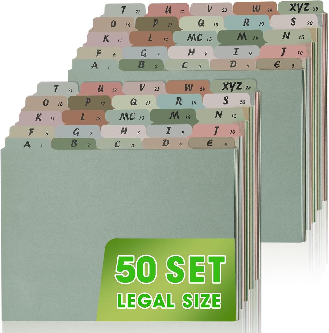 2 Set A-Z Alphabetic and Number Top Label Files, Legal Size, 50 Sheets File Dividers 1/5 Cut Label File Cabinet Dividers Desk Organizer for Office, Home and School (Morandi)
