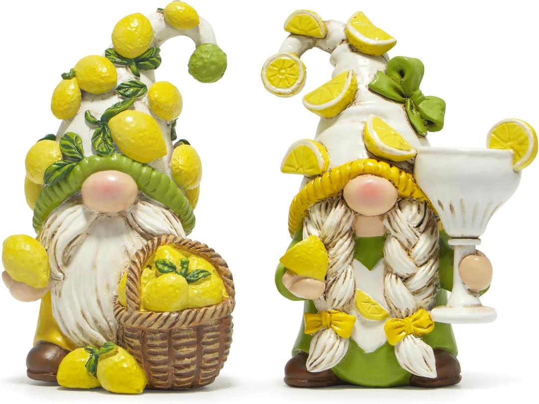 Hodao 2PCS Lemon Gnome Figurine Set - Lemon-Themed Gnome Indoor Home Decor for Summer - Small Decorative Gnomes for Kitchen, Living Room, or Shelf - Cute Ornament Set
