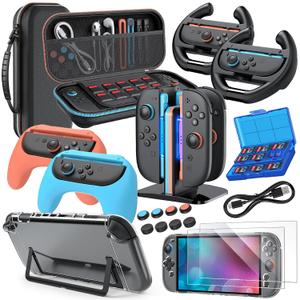 Switch 2 Accessories, Bundle Case for Nintendo Switch 2 (2025), MENEEA 20-IN-1 Kits: Carrying Case, Controller Charger Dock, Grips for Joy Con,Steering Wheels for Mario Kart,Protective Cover for Controller Console for Switch 2 (Black)