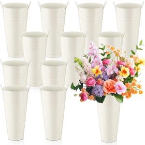 Zhehao 12 PCS 12 Inch Galvanized Metal Vase with Handles Bulk Tin Flower Buckets Galvanized Vases for Flowers Country Wedding Table Centerpieces Metal Flower Buckets for Wedding Home(Creamy White)