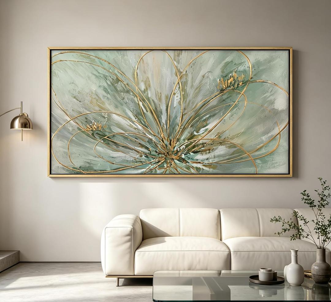 3D Framed Sage Green Gold Abstract Flower Wall Art, Textured Floral Canvas Print Poster, Luxury Decor for Living Room Bedroom, Contemporary Neutral Home Decoration, 32"L x 16"W