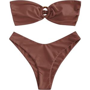 ZAFUL Women's Bandeau Bikini O Ring Strapless Tie Back High Cut Two Piece Swimsuit Bathing Suits, M, Brown
