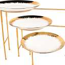 Ceramic Round Gold Rim Tiered Service Trays, 360 Swivel Collapsible 3 Tiered Tray Stand Platter- Entertainment Decorative 3 Tier Serving Tray for Parties, Buffet & Daily Use (Gold Rim)