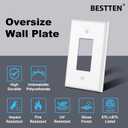 BESTTEN 50 Pack 1-Gang Jumbo Decor Wall Plate, Oversize Unbreakable Polycarbonate Decorator Receptacle Outlet Cover and Oversized Switch Plate, White, ETL listed